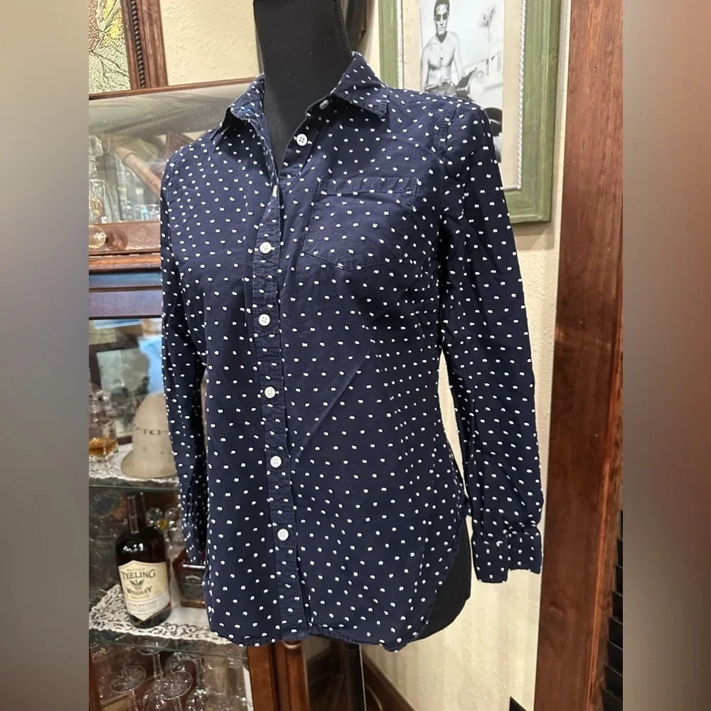 Talbots Top Navy White Polka Dot Button Long Sleeve - Picture 2 of 7